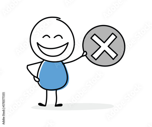 Funny cartoon stickman holding x mark icon. Hand drawn design for a business presentation. Vector illustration