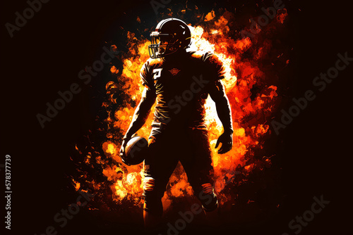 Silhouette of an American football player on fire, ai