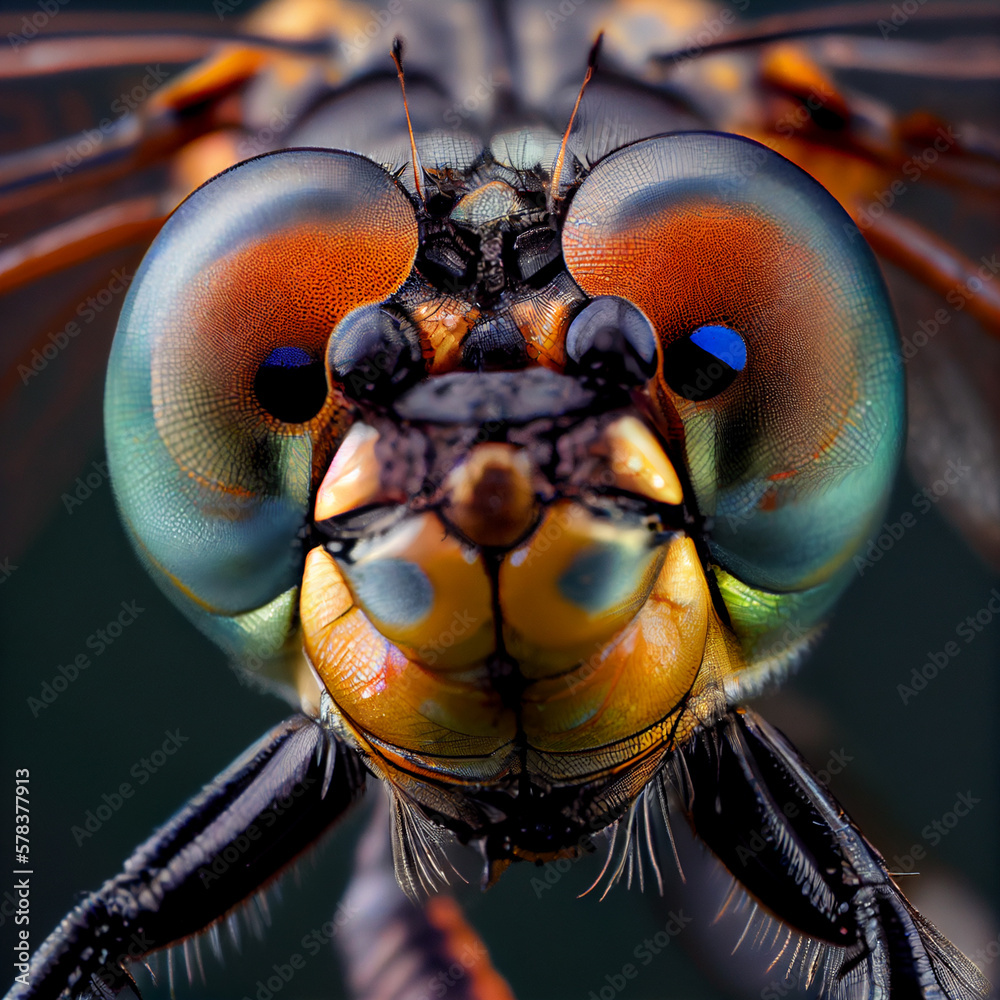a macro image of dragonfly on a stem - obrazy, fototapety, plakaty 