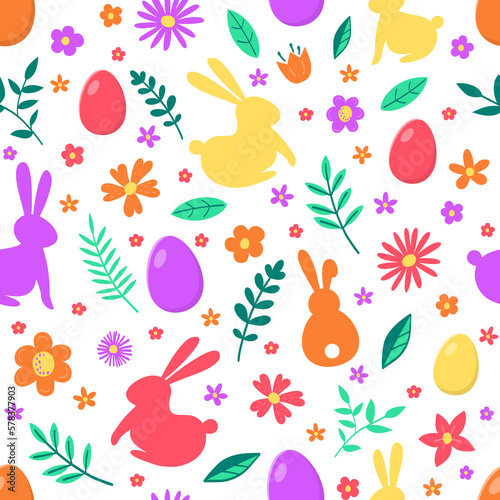 Easter bunnies, eggs and flowers on transparent background. Seamless pattern. PNG illustration