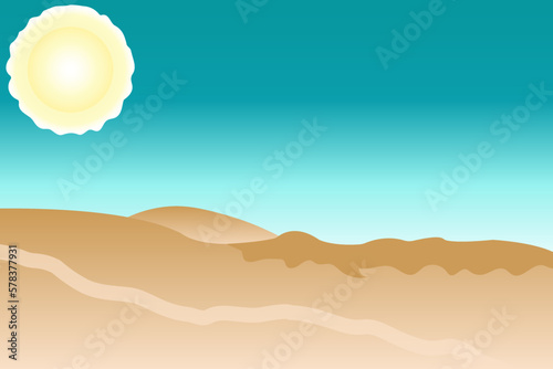 Vector image  illustration Desert on a hot sunny day  golden  beige sand  yellow sun and turquoise  blue sky. Landscape. Graphic design.