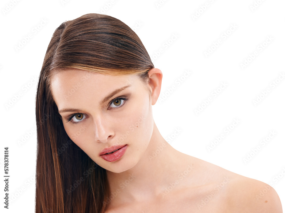 Obraz premium A brunette model with a brown hair and a glowing complexion highlights the benefits of collagen and dermatological care isolated on a PNG background.