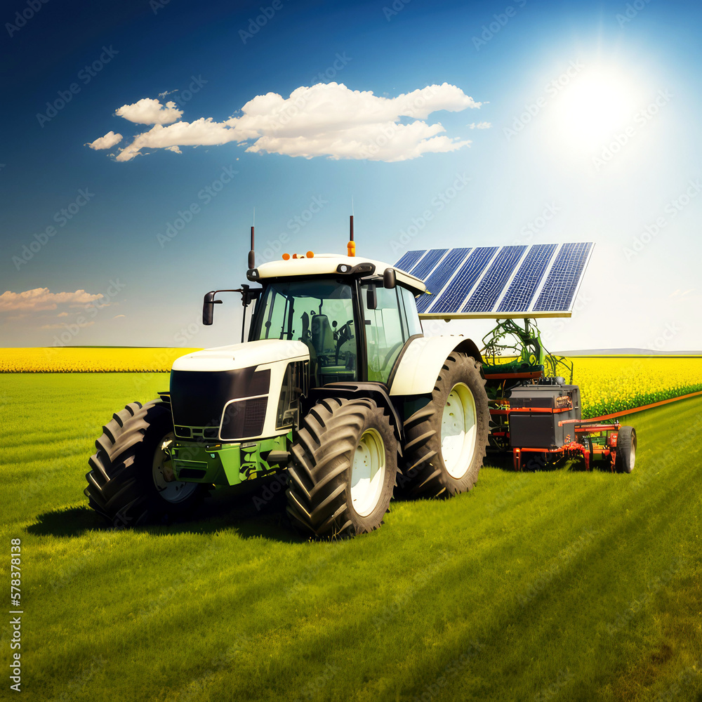 Obraz premium solar panels with tractor, ai