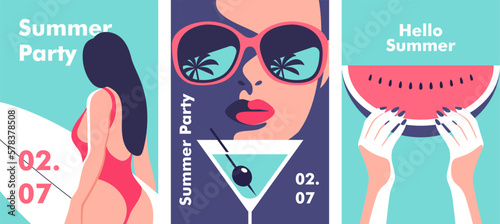 Summer time. Concept of summer party and travel. Perfect background on the theme of season vacation, weekend, beach. Vector illustration in minimalistic style for posters, cover art, flyer, banner.