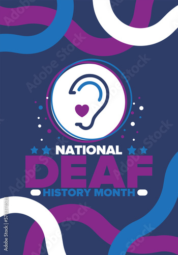 National Deaf History Month. Celebrated from March through April in United States. In honour of the achievement of the deaf and hard of hearing. Poster, postcard, banner. Vector illustration