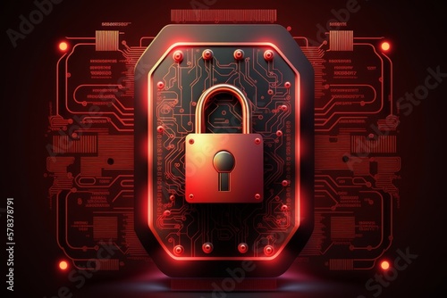 Cyber security lock, protection, network service for business, digital lock with password, red background, AI generated