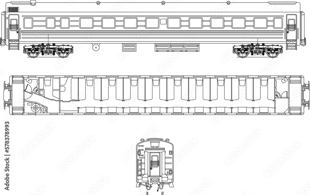Vector sketch illustration of an old railroad carriage looking at various sides