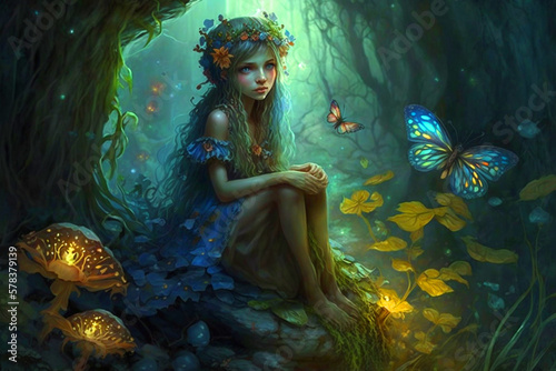 Fantasy scene | beautiful fairy sits in magical forest, surrounded by blue flowers, butterflies and lush greenery. forest begins to shimmer with soft blue light, dreamy and enchanting atmosphere. Ai