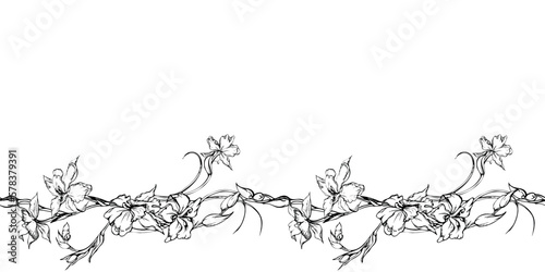 Hand drawn vector ink orchid flowers and branches, monochrome, detailed outline. Horizontal seamless banner. Isolated on white background. Design for wall art, wedding, print, tattoo, cover, card.