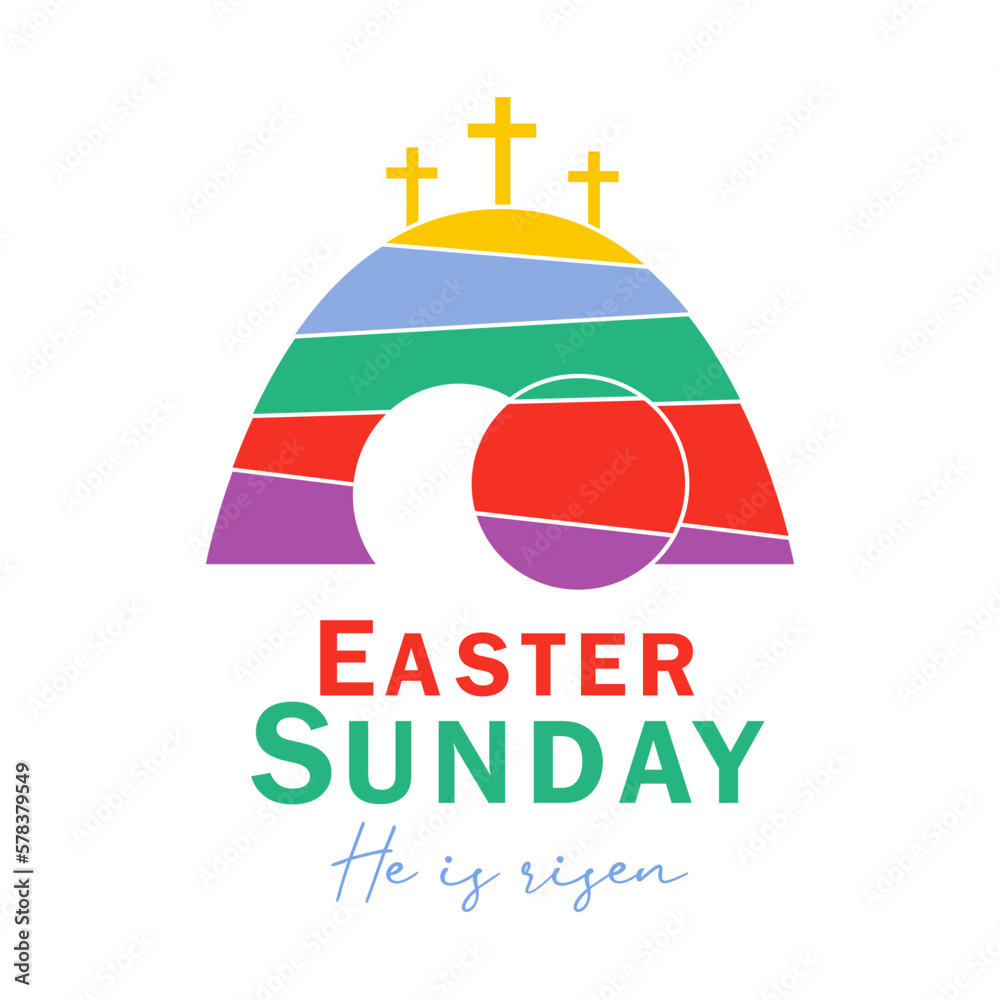 Easter Sunday, card for youth service. Christ our Passover, colored rock rolled away from the tomb and three crosses on Calvary. Vector illustration