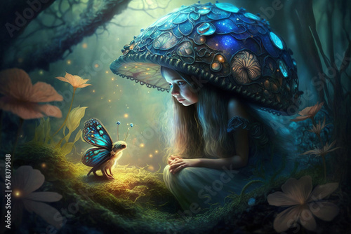 Fantasy scene   beautiful fairy sits in magical forest  surrounded by blue flowers  butterflies and lush greenery. forest begins to shimmer with soft blue light  dreamy and enchanting atmosphere.