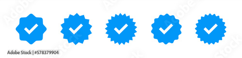 Verified badge profile set. Instagram verified badge. Social media account verification icons. Blue check mark icon. Profile verified badge. Guaranteed signs. Vector 10 eps. photo