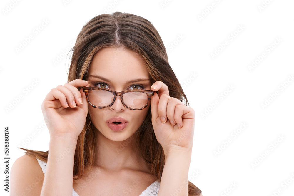 A woman confidently wore glasses, showcasing her clear vision and beauty with a playful smile and flirty pose exuding joy and self-assurance isolated on a png background.