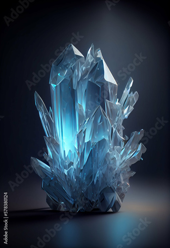 Stalagmite crystal illuminated with blue light on dark background, generative AI digital art.