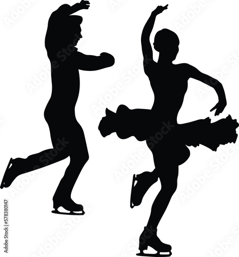dancing couple skater in figure skating black silhouette on white background, vector illustration