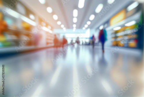 Big store or supermarket blurred indoor background for advertising banner backdrop, generative AI digital art.