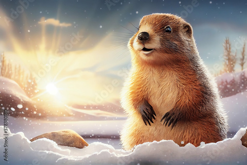 Cute small groundhog in snow in the sunshine. Kids book fantasy illustration, generative AI digital art.