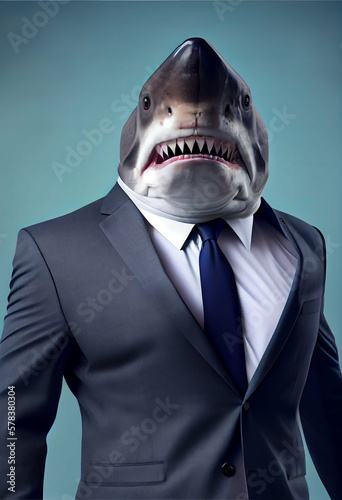A businessman with shark head in business suit against grey-blue background, generative AI digital art.