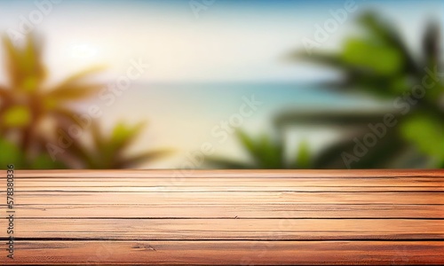 Wooden table with a seascape  blurred light bokeh of the sea and sky on the background of a tropical beach  generative AI