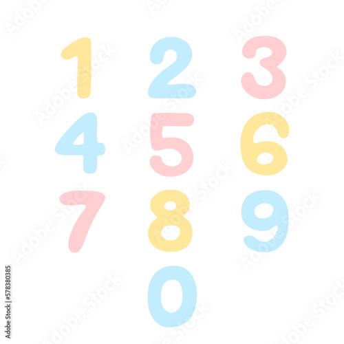 Numbers of different colors hand drawn in doodle style for decor and print.