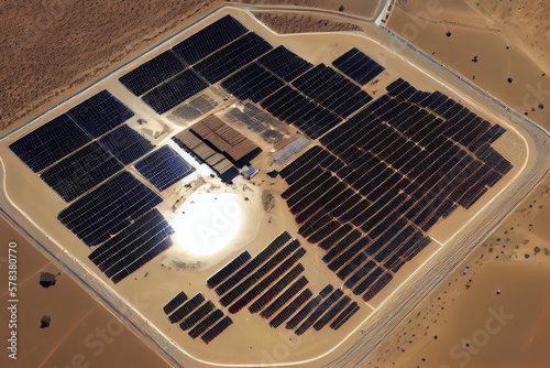 A solar power station in the desert from a drone perspective.