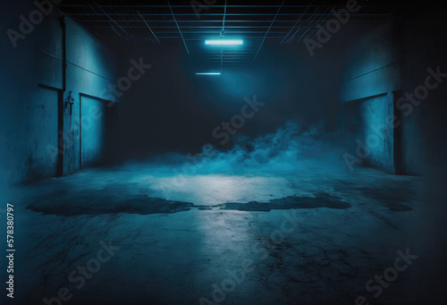 Generative AI illustration of empty dark hall with neon illumination photo