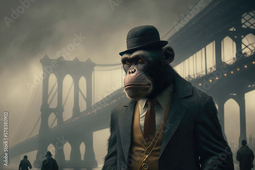 Generative AI illustration of male ape in suit against bridge photo