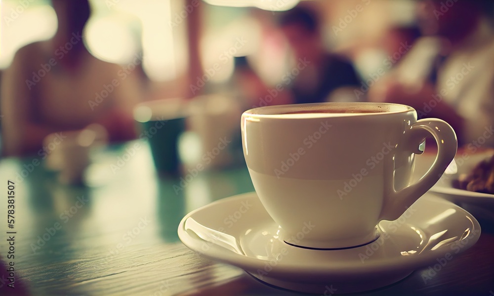 A cup of hot coffee on the table in a cafe with people, small depth of field, generative AI