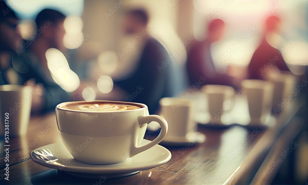 A cup of hot coffee on the table in a cafe with people, small depth of field, generative AI A cup of hot coffee on the table in a cafe with people, small depth of field, generative AI