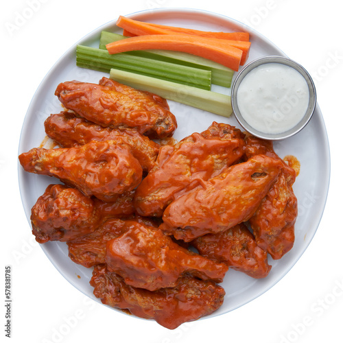 buffalo wings on plate isolated and transparent shot from top down view