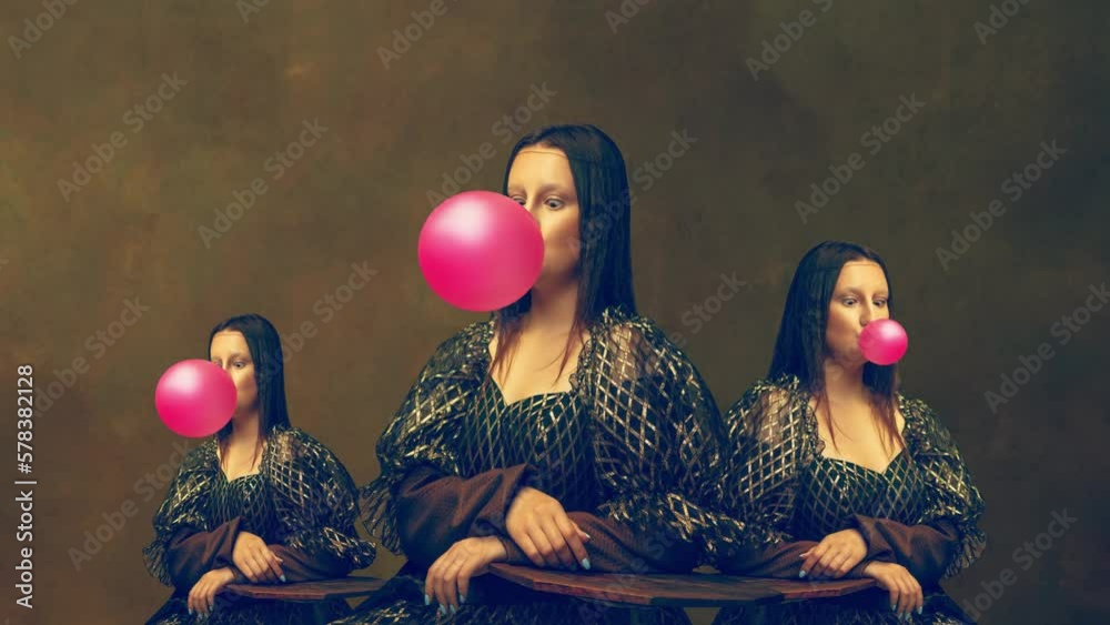 Stop motion, animation. Young woman in image of Mona Lisa with bubble gum over dark vintage background. Concept of art, eras com parison, creative design, history painting remake
