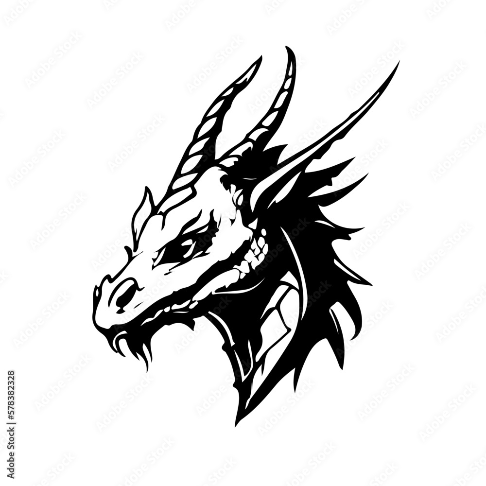 Obraz premium Dragon head vector black and white illustration. Fantastic dragon tattoo template.