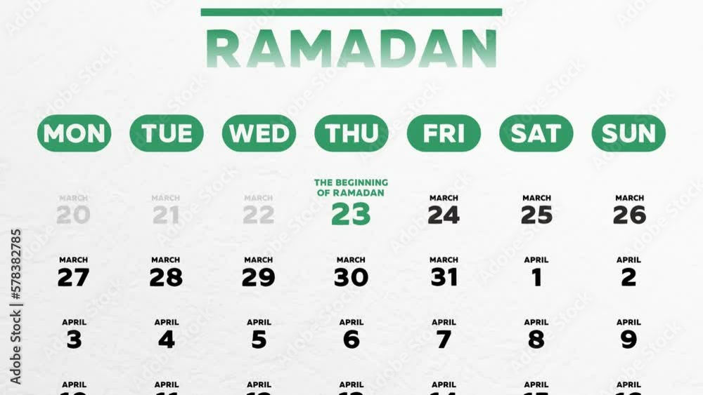 Close-up of a beautiful wall calendar page with a schedule of Ramadan fasting days 2023 and the camera moves to Eid al-Fitr date Close-up of a beautiful wall calendar page with a schedule of Ramadan fasting days 2023 and the camera moves to Eid al-Fitr date