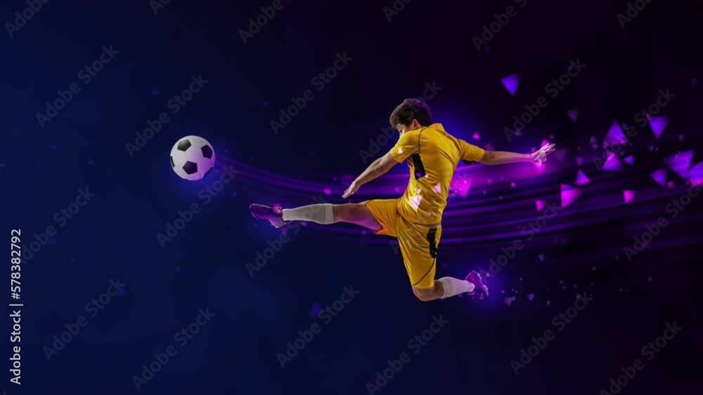 Stop motion, animation. Creative artwork with male soccer, football player in motion with ball isolated on dark background with fluid neon elements. Concept of art, creativity, sport, energy and power Stop motion, animation. Creative artwork with male soccer, football player in motion with ball isolated on dark background with fluid neon elements. Concept of art, creativity, sport, energy and power