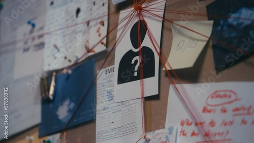 Pictures, letter with blood stains, evidence on crime investigation board