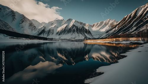 Beautiful Winter Mountain View and reflection of the mountain in a deep blue lake. Generative AI