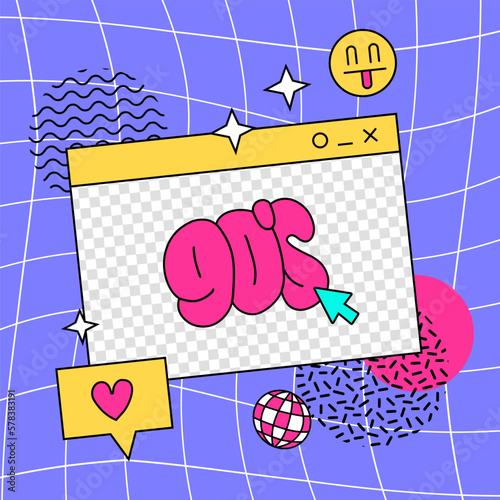 Retro square banner or card with old computer aesthetic frames for quotes, text. Vintage 70s, 80s, 90s Vibes Art. Trendy Colorful bright background with smile, geometric shapes, heart. Linear Vector