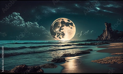 Fantasy tropical sea beach, Full moon with star over seascape in night skies, generative AI