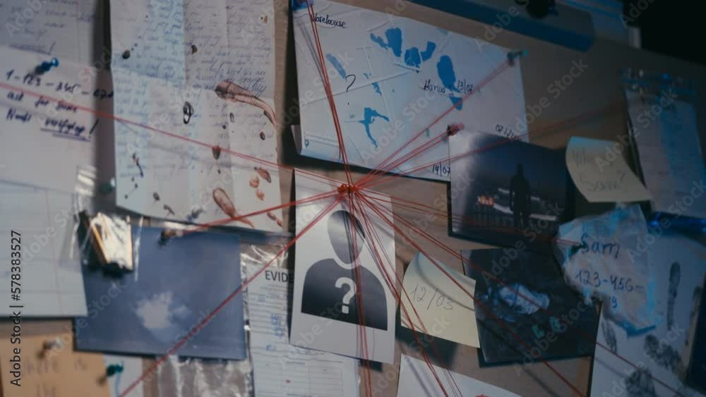 Picture of unknown suspect with strings leading to crime evidence on board