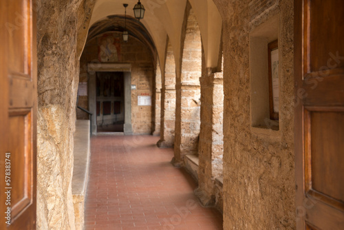 Entrance of Monastery of San Benedetto, or Sanctuary of the Sacro Speco. It is an ancient Benedictine monastery located in the territory of Subiaco, in the metropolitan city of Roma Capitale, Italy.