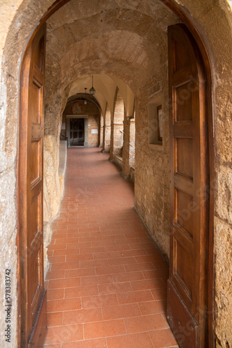 Entrance of Monastery of San Benedetto, or Sanctuary of the Sacro Speco. It is an ancient Benedictine monastery located in the territory of Subiaco, in the metropolitan city of Roma Capitale, Italy.