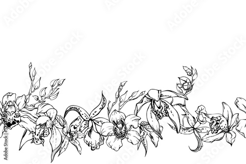 Hand drawn vector ink orchid flowers and branches, monochrome, detailed outline. Horizontal seamless banner. Isolated on white background. Design for wall art, wedding, print, tattoo, cover, card.