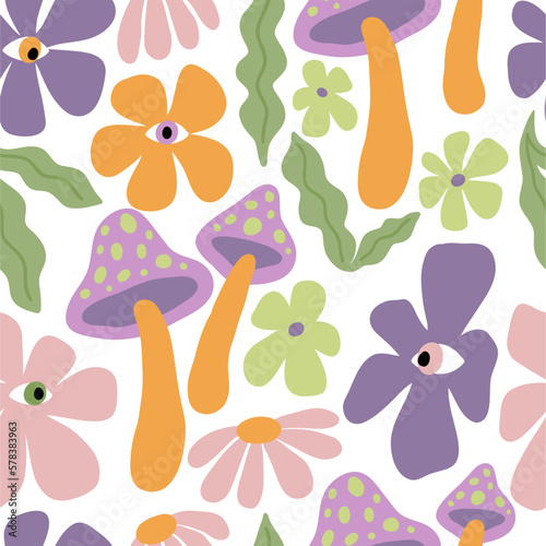 Spring abstract seamless patterns Doodle flowers Retro flat vector illustration. Cute designs for textile and fabric photo