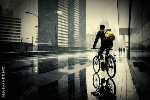 A man cycling through the city. Urban transport, exercise, healthy lifestyle, bike lane, commute, eco-friendly, fitness. High resolution, art, Generative of AI