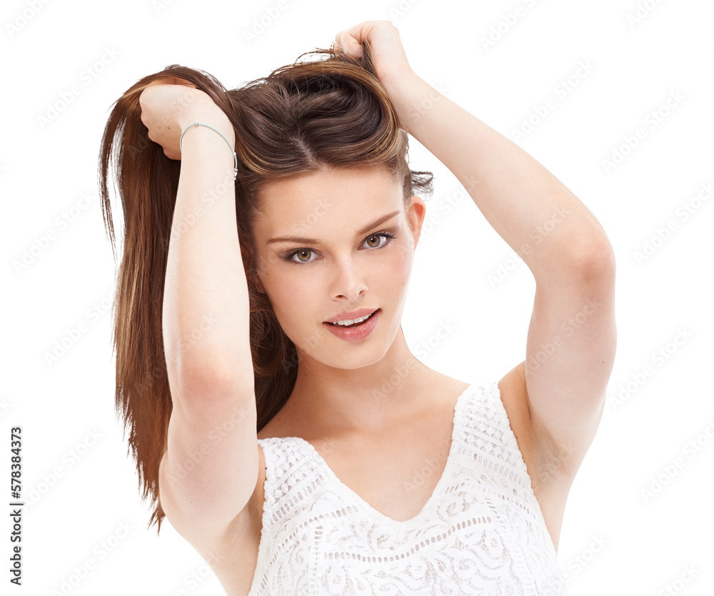 Fototapeta premium A happy woman or beauty model in brunette hair color or dye after her keratin treatment or self care in gen z fashion brand isolated on a PNG background