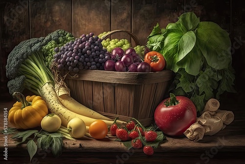 A basket of fruits and vegetables. Fresh produce, healthy eating, farmer's market, colorful, natural, organic, nutrition. Generative of AI