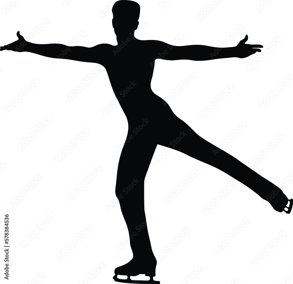male figure skater dancing figure skating competition, black silhouette on white background, vector illustration