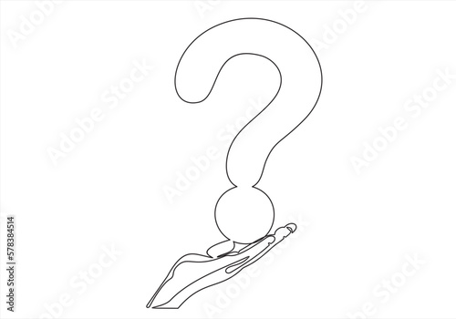 Hands holds question mark one line art, hand drawn asking sign, idea continuous contour. Query FAQ concept, finding answer. Editable stroke. Isolated. Vector illustration