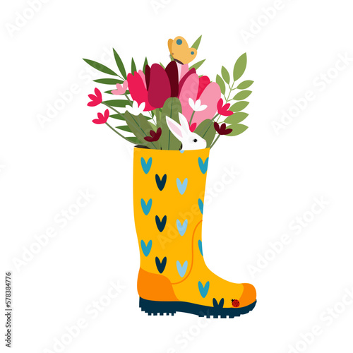 Vector illustration spring wellies boots with blooming bouquet spring flowers, cotton. Spring symbol flat style.