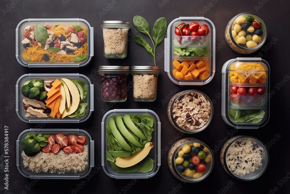 Healthy food served in small containers. Meal prep, portion control, diet, nutrition, fresh, whole foods, healthy eating. Generative of AI Healthy food served in small containers. Meal prep, portion control, diet, nutrition, fresh, whole foods, healthy eating. Generative of AI